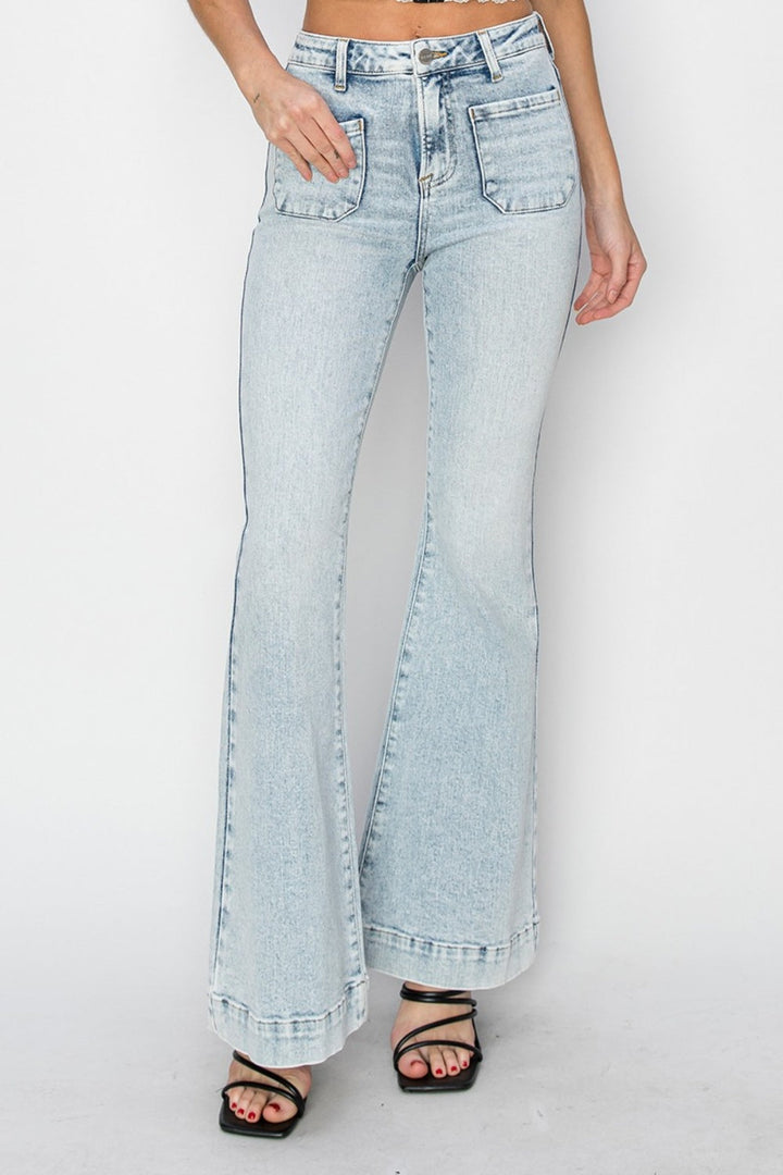 Full-Length High-Rise Flare Jeans with Front Patch Pockets