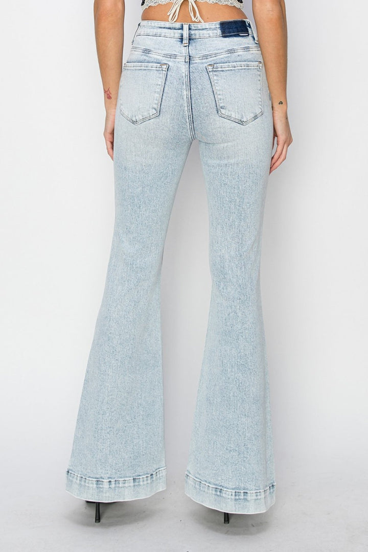 Full-Length High-Rise Flare Jeans with Front Patch Pockets