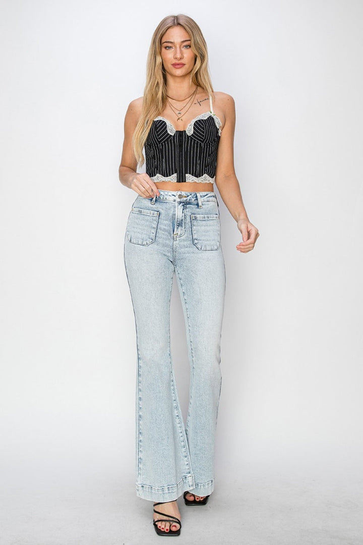 Full-Length High-Rise Flare Jeans with Front Patch Pockets