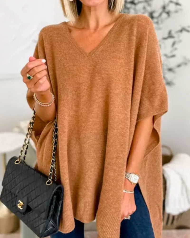 ERICA V-Neck Cashmere Poncho Sweater – Loose Fit, Soft & Stylish Winter Essential