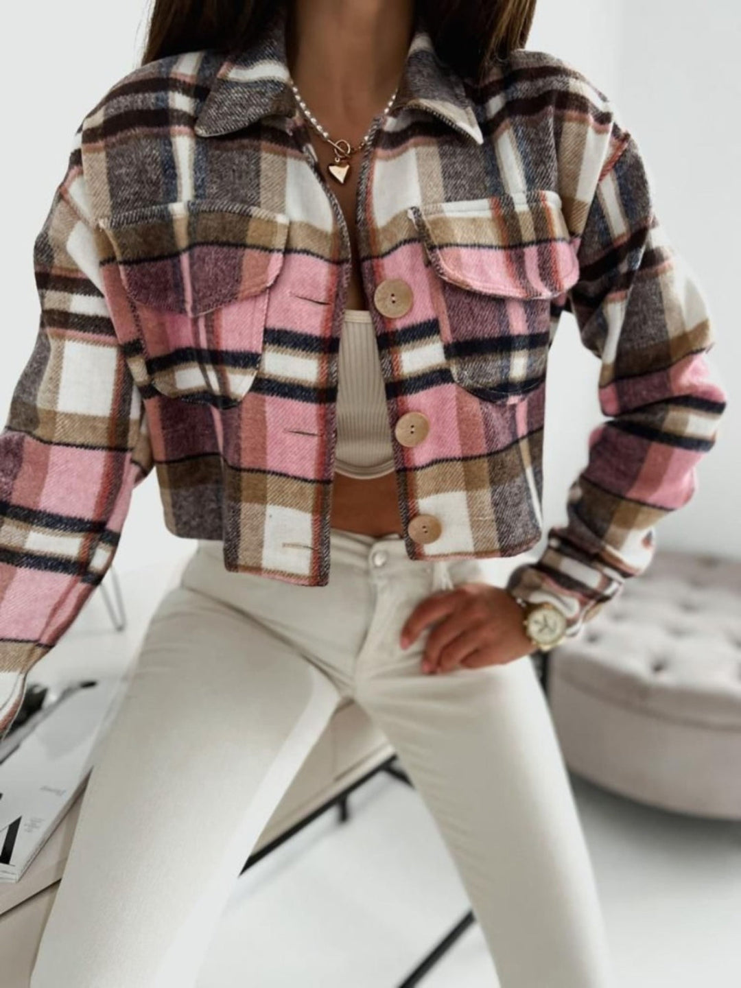 Classic Pocketed Collared Plaid Long Sleeve Jacket