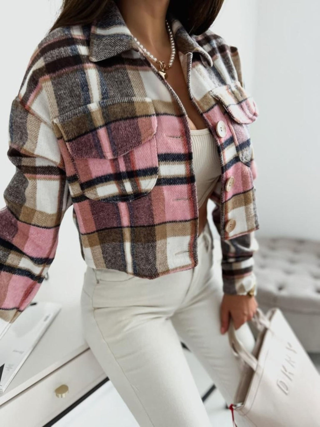 Classic Pocketed Collared Plaid Long Sleeve Jacket