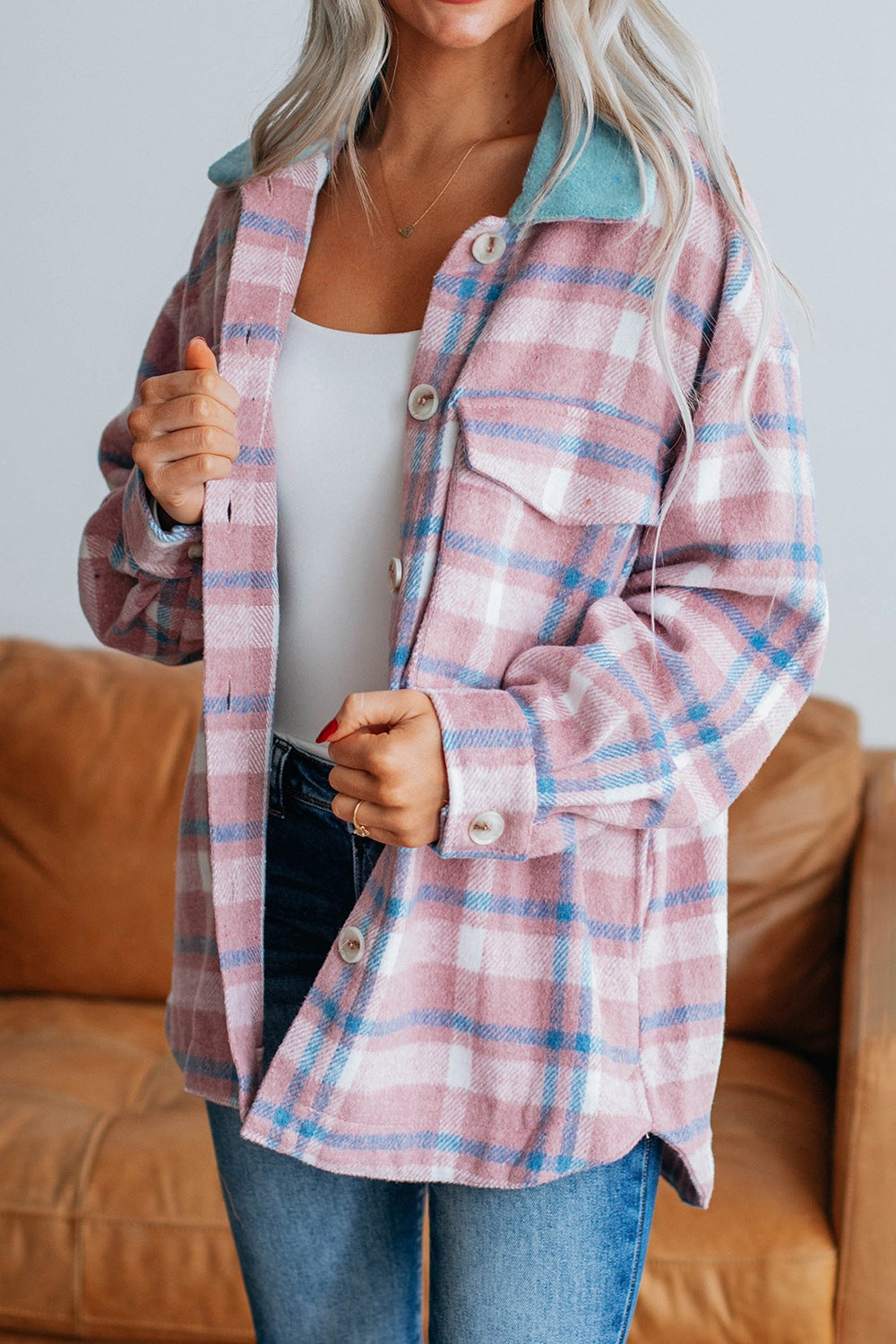 Plaid Shacket with Flap Pockets – Soft 100% Polyester, Machine Washable