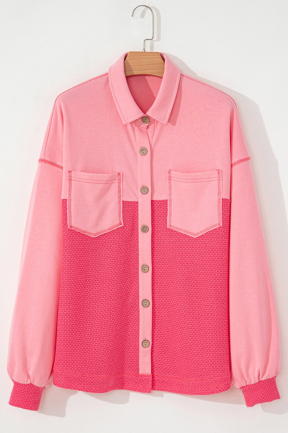 Two-Tone Drop Shoulder Button-Up Shacket with Pockets