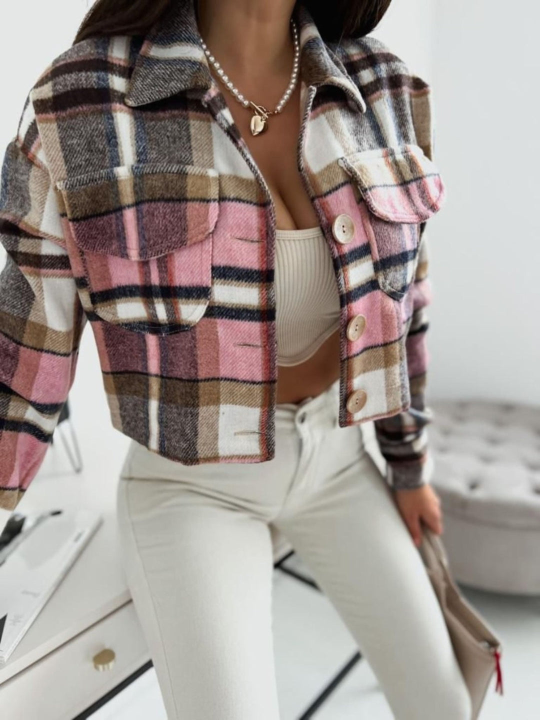 Classic Pocketed Collared Plaid Long Sleeve Jacket