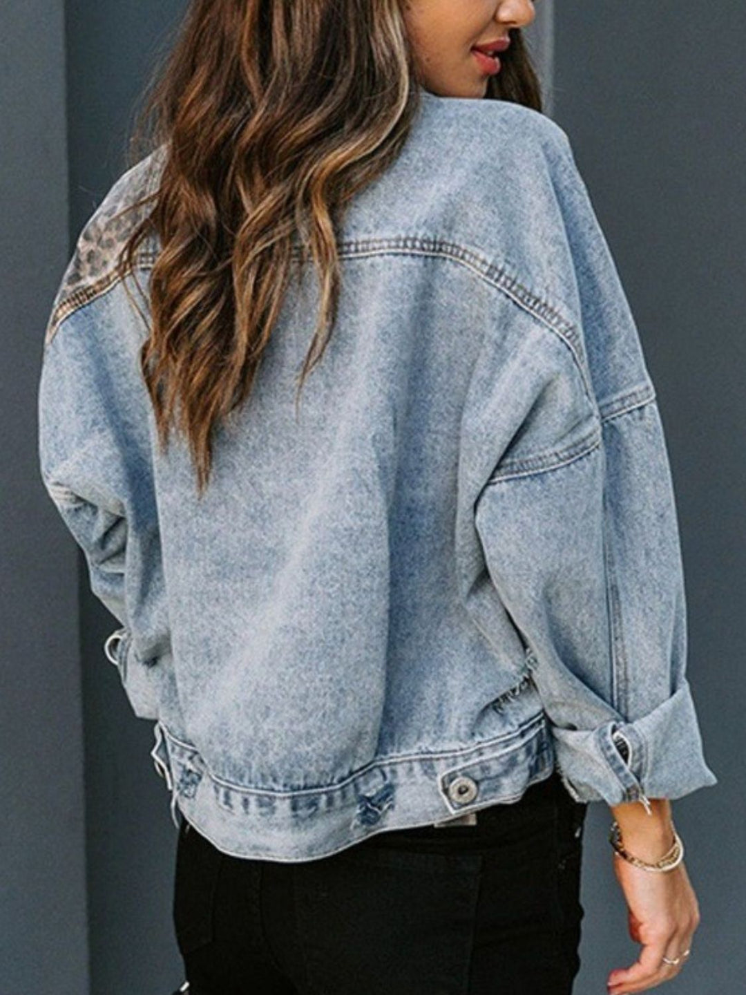 Distressed Drop Shoulder Denim Jacket with Leopard Print and Functional Pockets