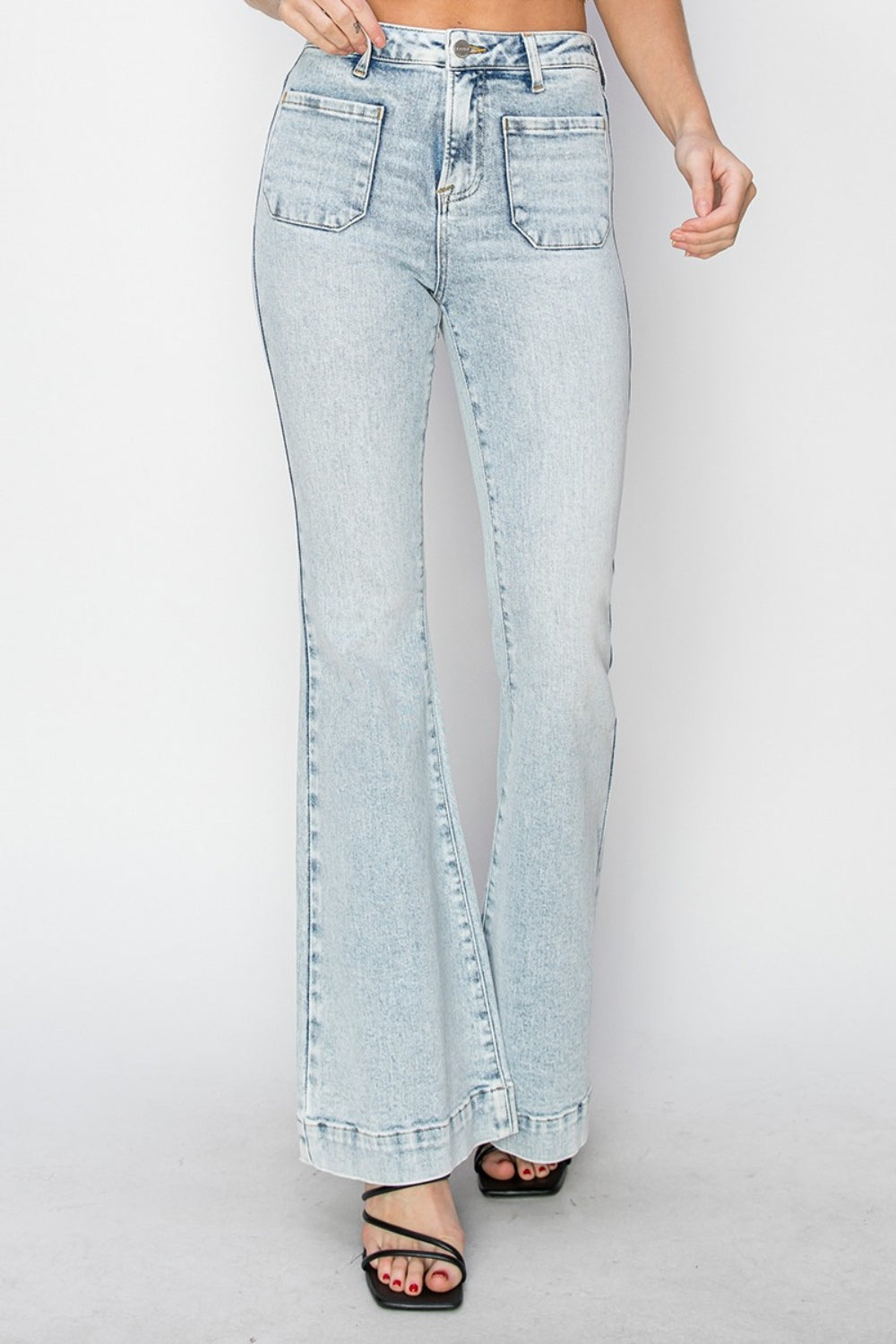 Full-Length High-Rise Flare Jeans with Front Patch Pockets